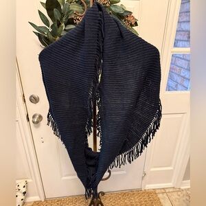 Minimalist Navy Blue Lightweight Ribbed Knit Infinity Scarf with Fringe